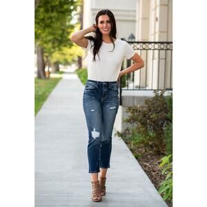 KanCan High Rised Ripped Mom Relaxed Fit Jeans Distressed Dark Blue Tapered 30